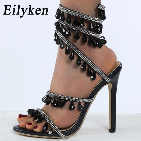 Eilyken Crystal Rhinestone Stiletto Sandals – Women's Wrap Strap Heels