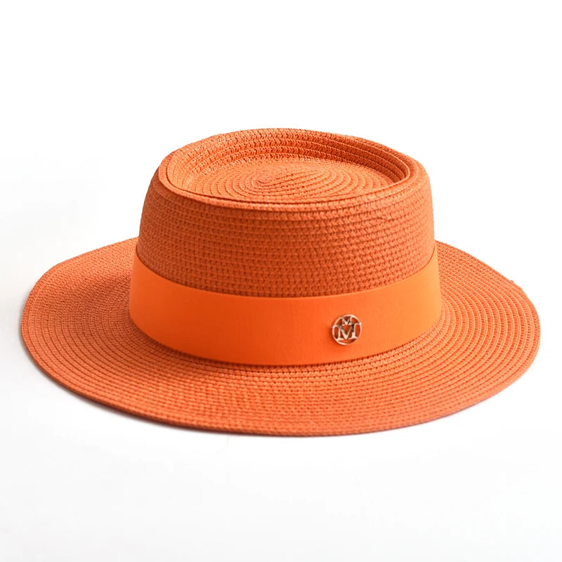 Women's Straw Sun Hat Flat Brim Ribbon Beach Hat