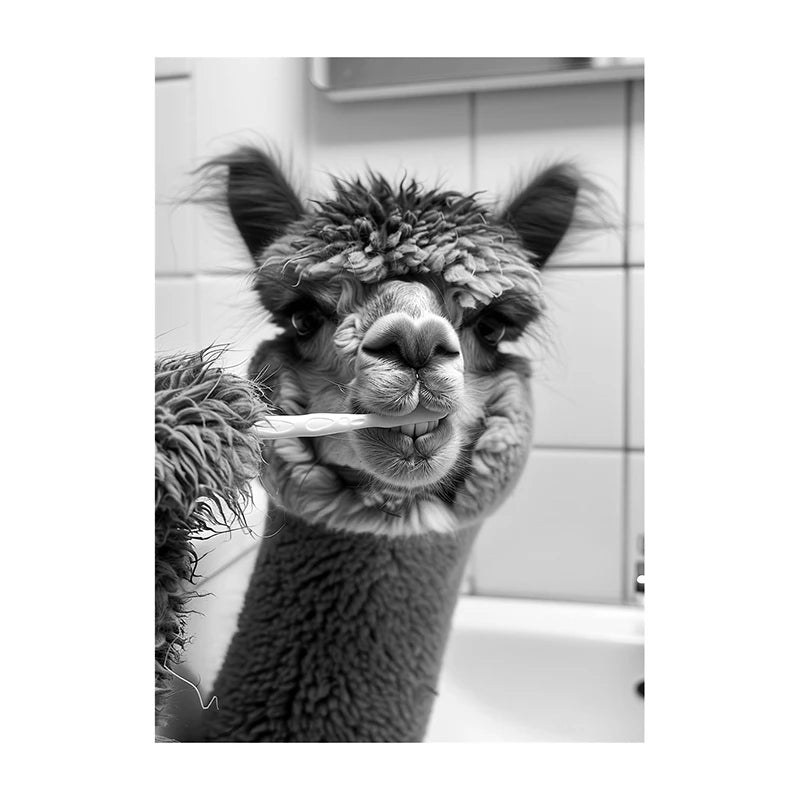 Funny Animal Bathroom Wall Art Poster – Black & White Vintage Print