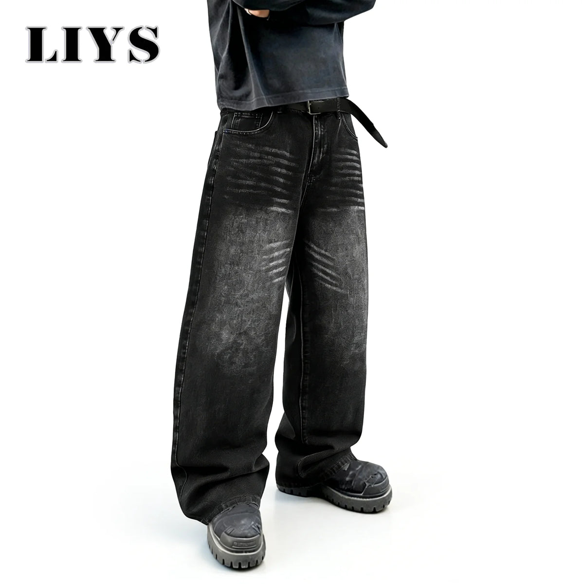 LIYS Graffiti Print Baggy Wide Leg Jeans – Black Washed Unisex Streetwear