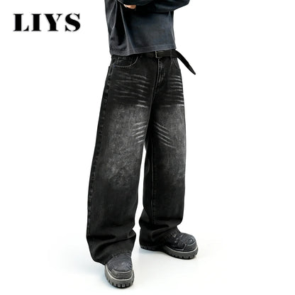LIYS Graffiti Print Baggy Wide Leg Jeans – Black Washed Unisex Streetwear