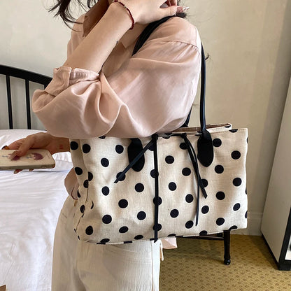 Polka Dot Canvas Tote Bag for Women – Large Shoulder Handbag