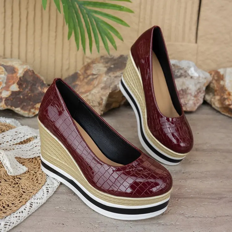 Round Toe Wedge Heels – Women's Patent Leather Pumps