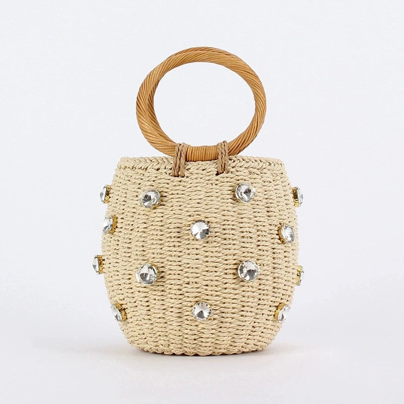 Rattan Straw Bucket Bag – Bohemian Handmade Pearl Shoulder Bag