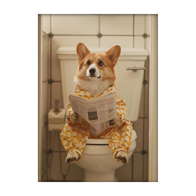 Funny Dog Bathroom Poster – Dog Reading Newspaper on Toilet Wall Art