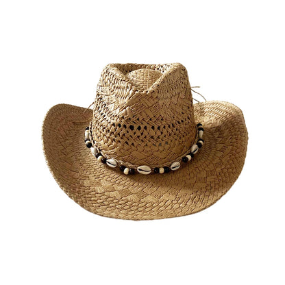 Straw Cowgirl Hat Bohemian Shell Bead Wide Brim Handmade Beach Sun Hat