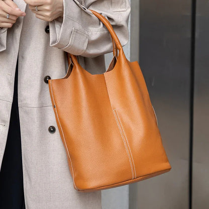 Genuine Leather Bucket Tote Bag for Women