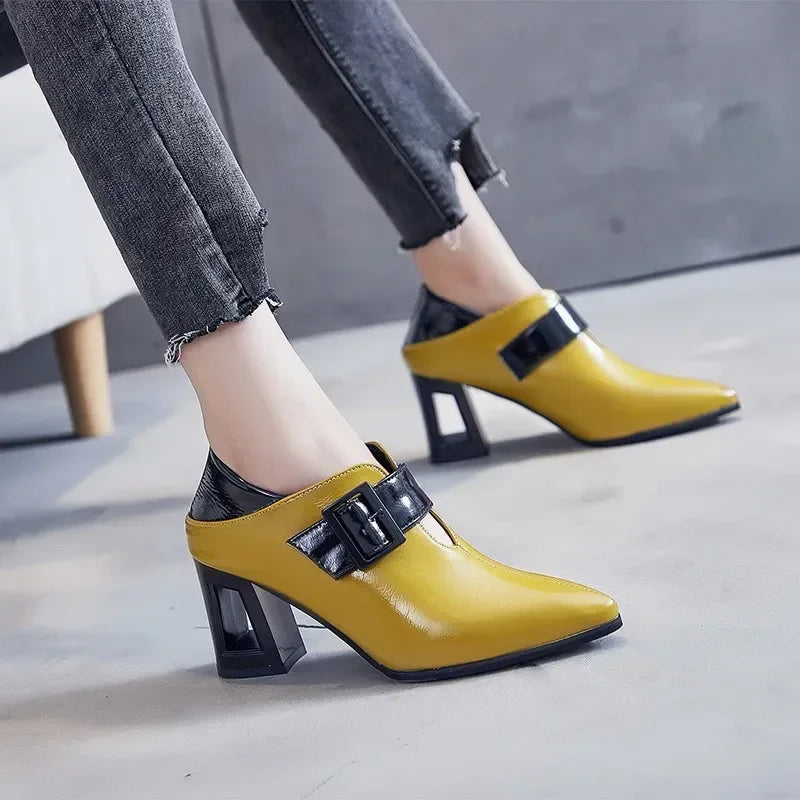 Women's Pointed Toe Block Heel Pumps – Square Buckle Two-Tone Patent Shoes