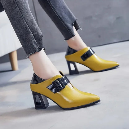 Women's Pointed Toe Block Heel Pumps – Square Buckle Two-Tone Patent Shoes