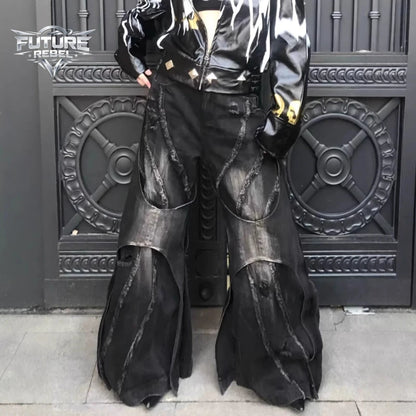 Y2K Patchwork Distressed Flared Jeans – Unisex Gothic Bell-Bottom Denim