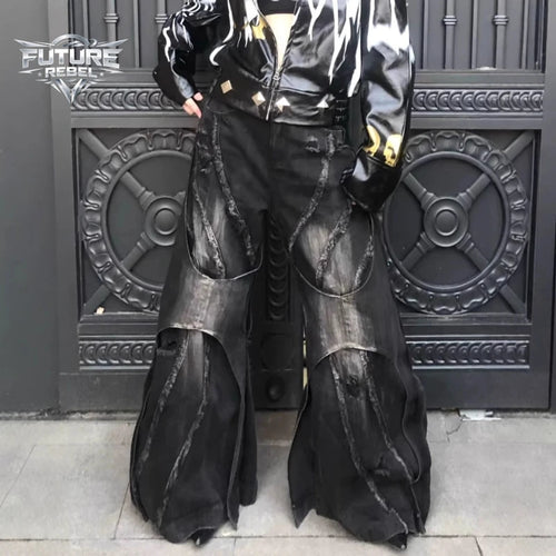 Y2K Patchwork Distressed Flared Jeans – Unisex Gothic Bell-Bottom Denim