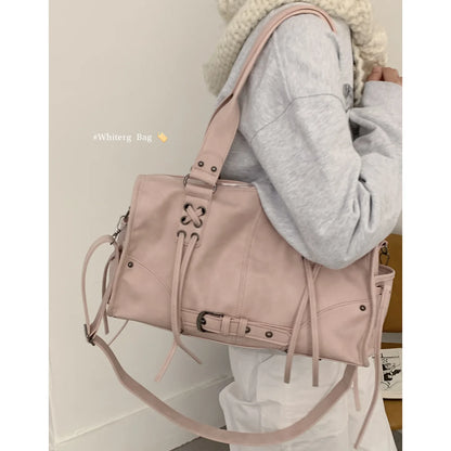 Retro Motorcycle Handbag Women Horizontal Tassel Design