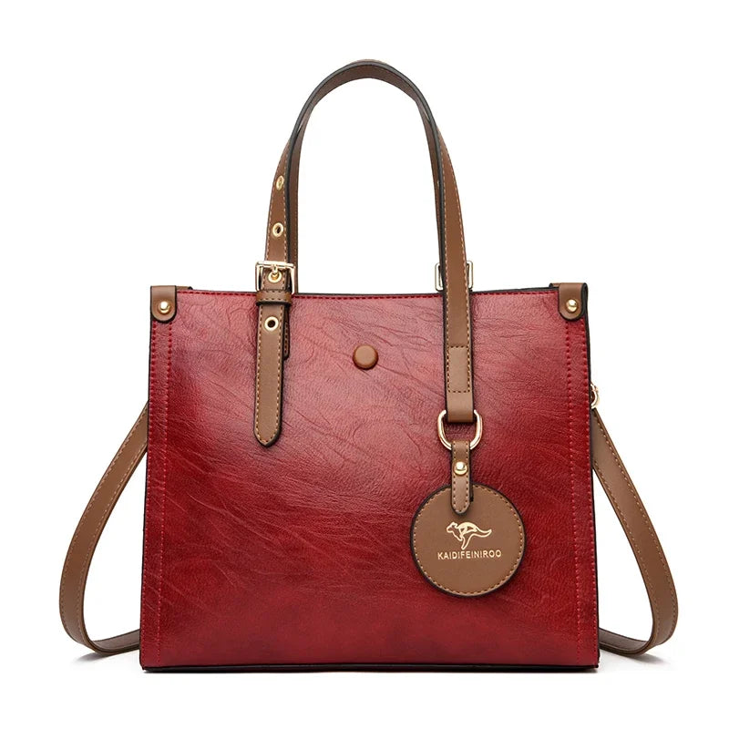 Vintage Leather Tote Bag for Women – 3-Layer Luxury Handbag