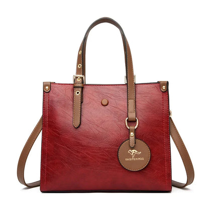 Vintage Leather Tote Bag for Women – 3-Layer Luxury Handbag