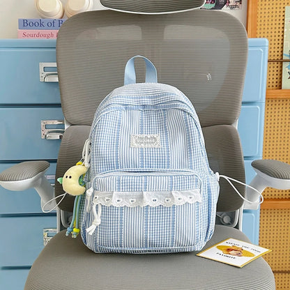 Sweet Style Girls Backpack – Cute Striped School Bag with Doll Charm