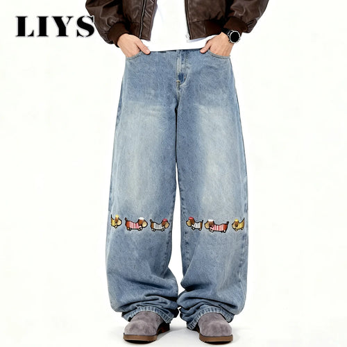 Dachshund Embroidery Baggy Wide-Leg Jeans – Men's Y2K Korean Style