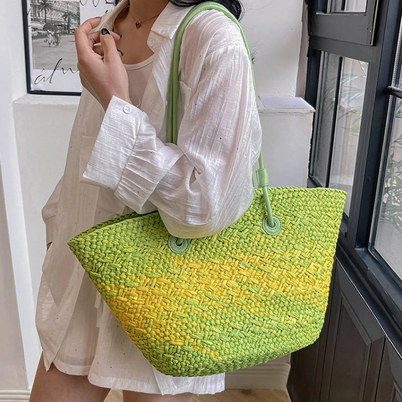 Colorful Straw Woven Beach Bag Large Capacity Underarm Basket Bag