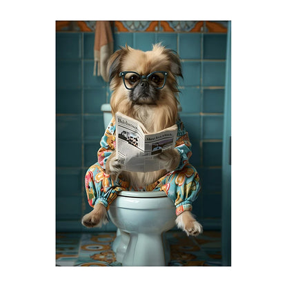 Funny Dog Bathroom Poster – Dog Reading Newspaper on Toilet Wall Art