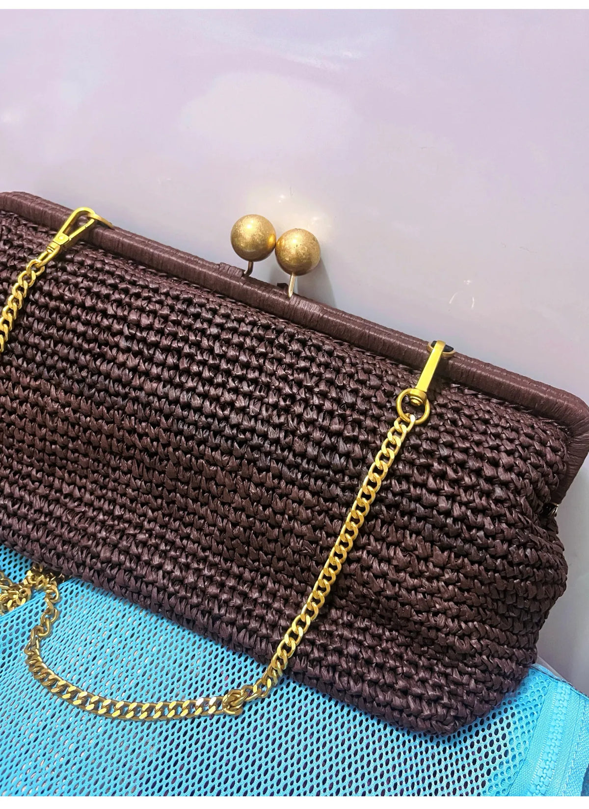 Woven Straw Clutch Bag – Gold Chain Shoulder Bag for Women