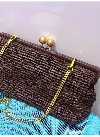 Woven Straw Clutch Bag – Gold Chain Shoulder Bag for Women