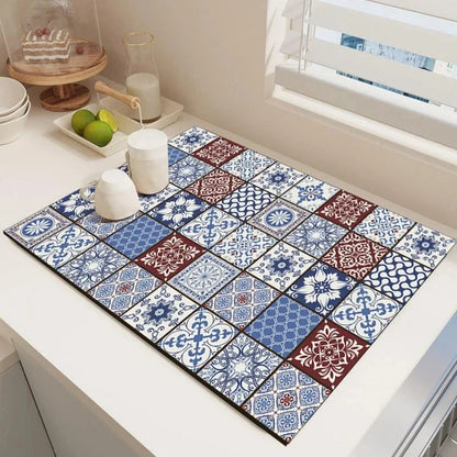 Dish Drying Mat – Boho Vintage Tile Absorbent Non-Slip Kitchen Mat
