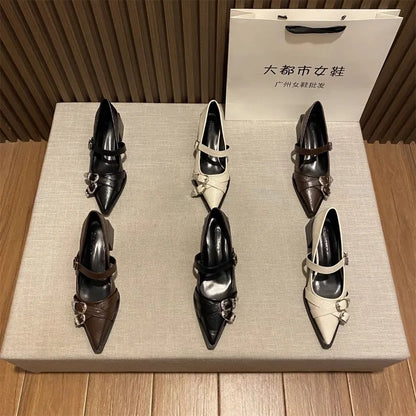 Pointed Toe Mary Jane Heels – Women's Metal Buckle Dress Shoes