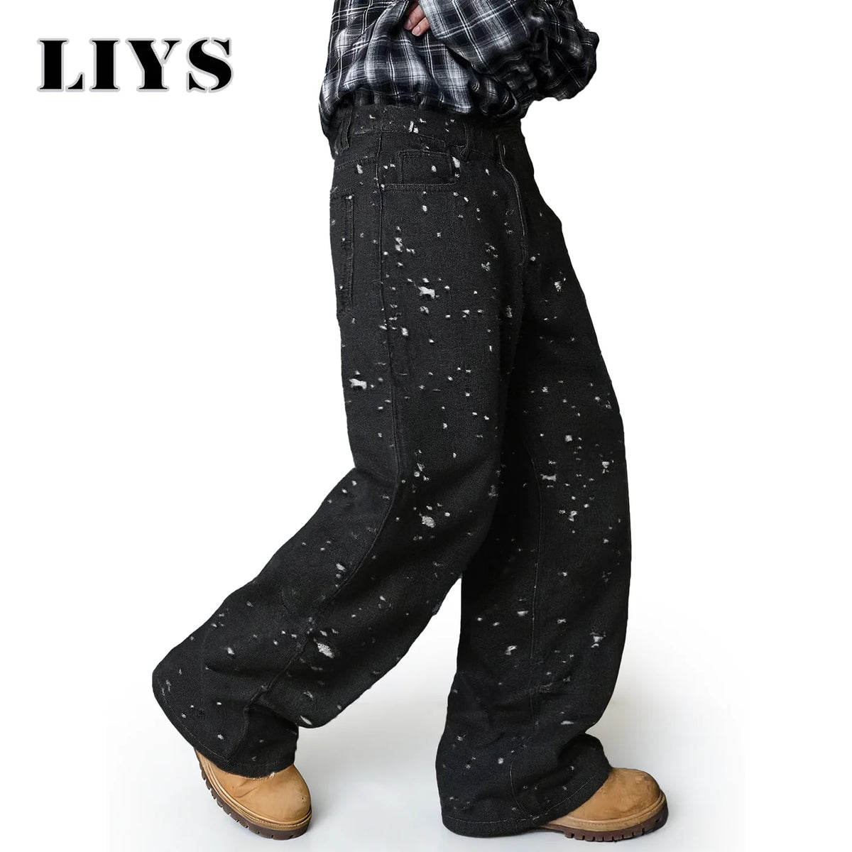 Distressed Crochet Jacquard Wide Leg Jeans – Retro Black Denim