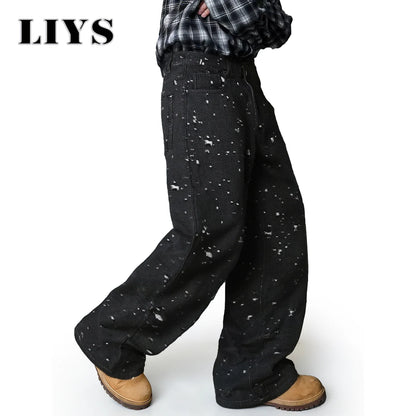 Distressed Crochet Jacquard Wide Leg Jeans – Retro Black Denim