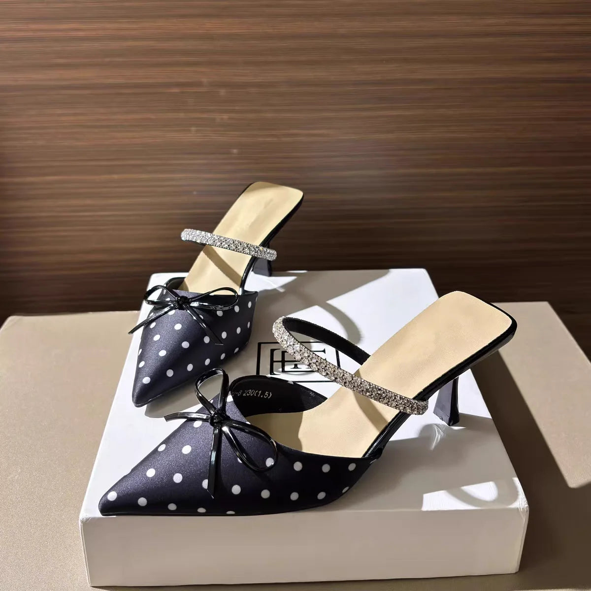 Polka Dot Pointed Toe Heeled Mule Slippers for Women