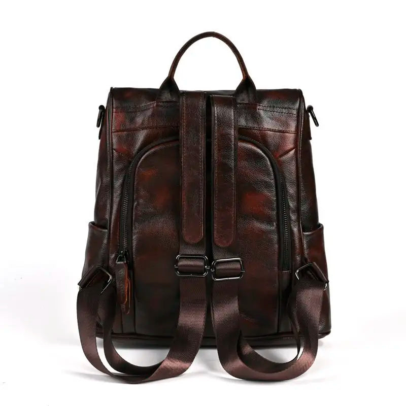 Vintage Wax Cowhide Leather Backpack for Women | Retro Flap