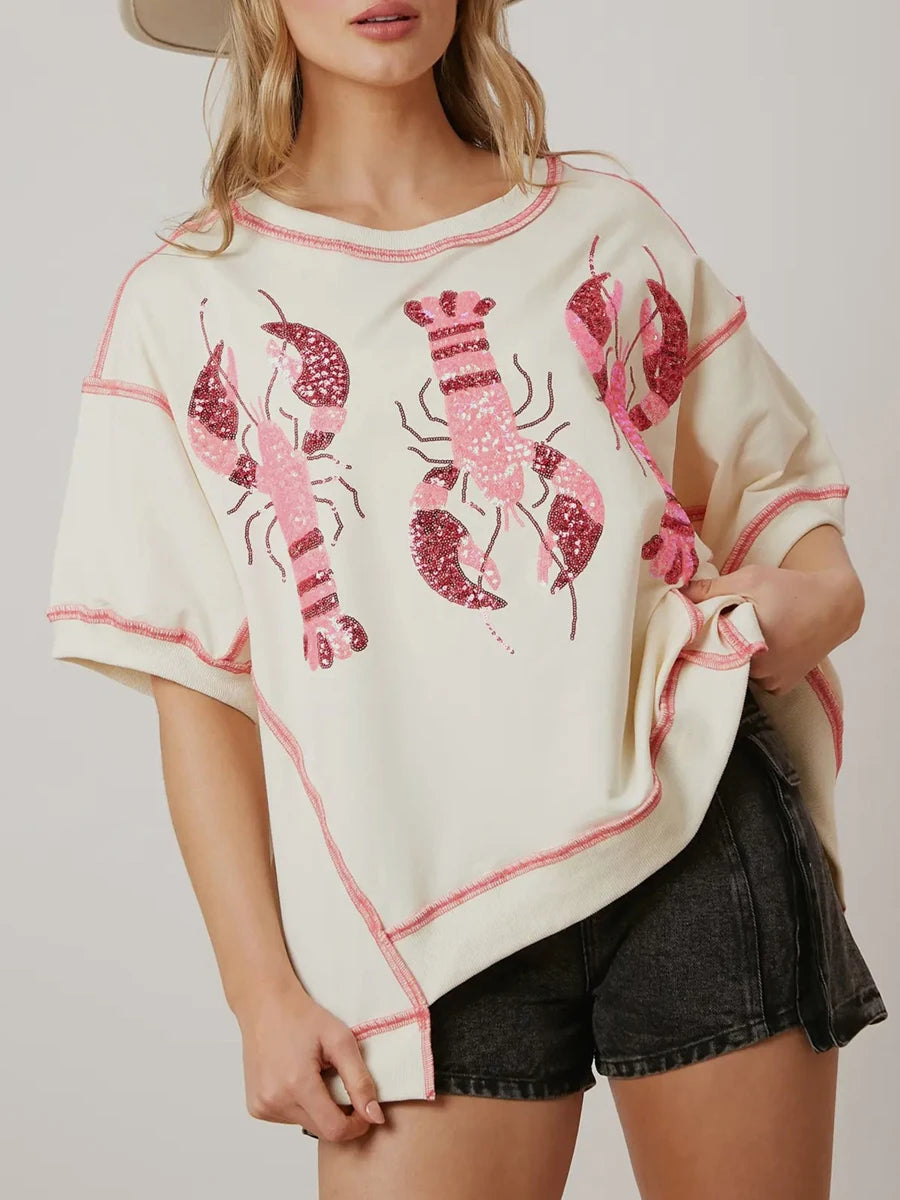 Sequin Lobster Print T-Shirt for Women – Retro Graphic Top