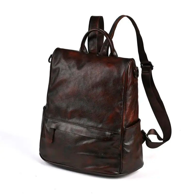 Vintage Wax Cowhide Leather Backpack for Women | Retro Flap