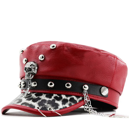 Punk Skull Military Cap – Women's Y2K PU Leather Flat Top Hat with Rivets & Chain