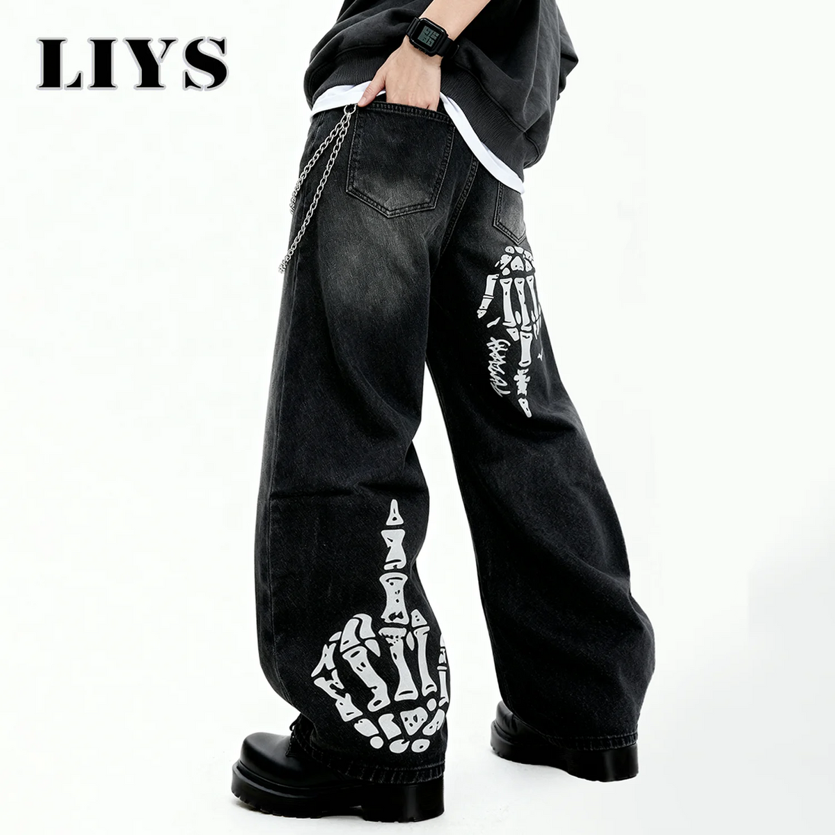 Men S Black Skull Finger Print Baggy Wide Leg Jeans Spring Summer Loose Straight Denim Pants Women