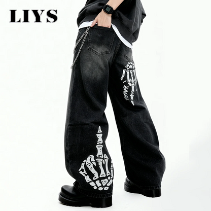 Men S Black Skull Finger Print Baggy Wide Leg Jeans Spring Summer Loose Straight Denim Pants Women