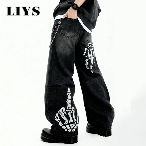 Men S Black Skull Finger Print Baggy Wide Leg Jeans Spring Summer Loose Straight Denim Pants Women