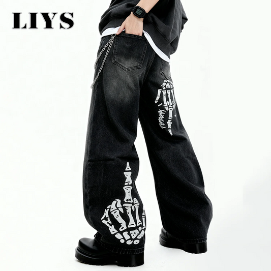 Men S Black Skull Finger Print Baggy Wide Leg Jeans Spring Summer Loose Straight Denim Pants Women