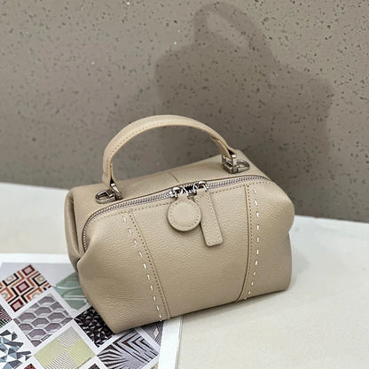 Genuine Cowhide Leather Mini Boston Bag for Women Luxury Designer Pebbled Leather