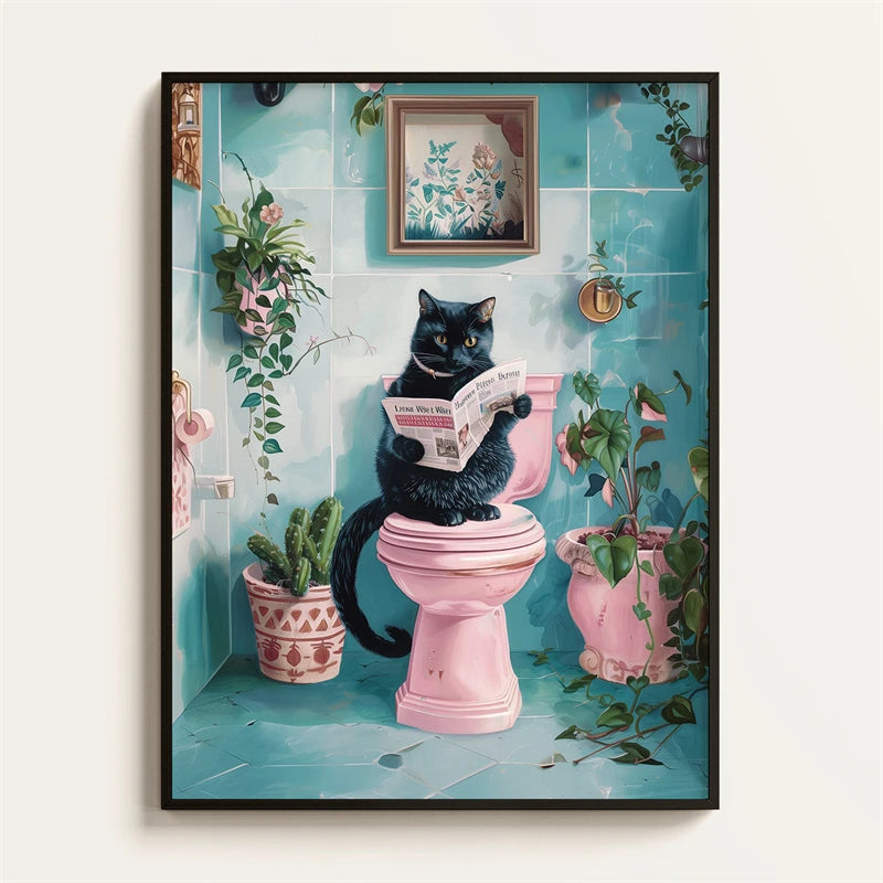Black Cat Reading Newspaper Bathroom Poster – Funny Wall Art Print