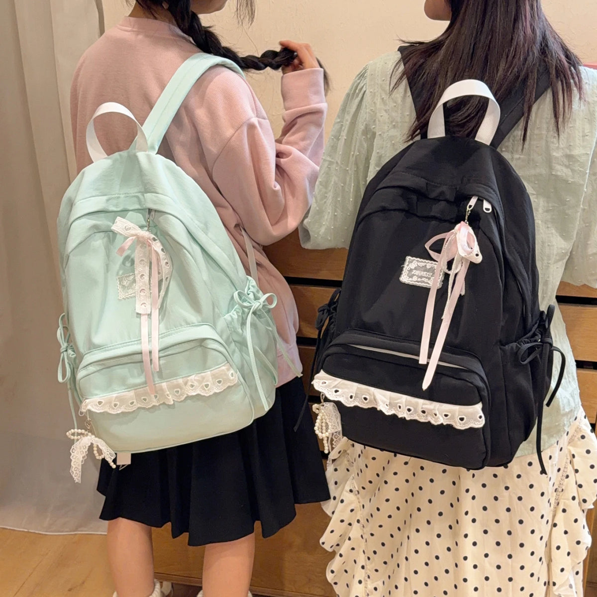 Lace Bow Nylon Backpack – Women's Cute Aesthetic School Bag