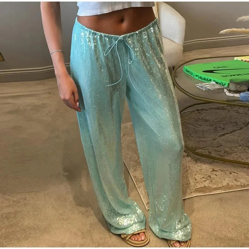 Sequin Wide-Leg Pants for Women – Y2K Loose Drawstring Trousers