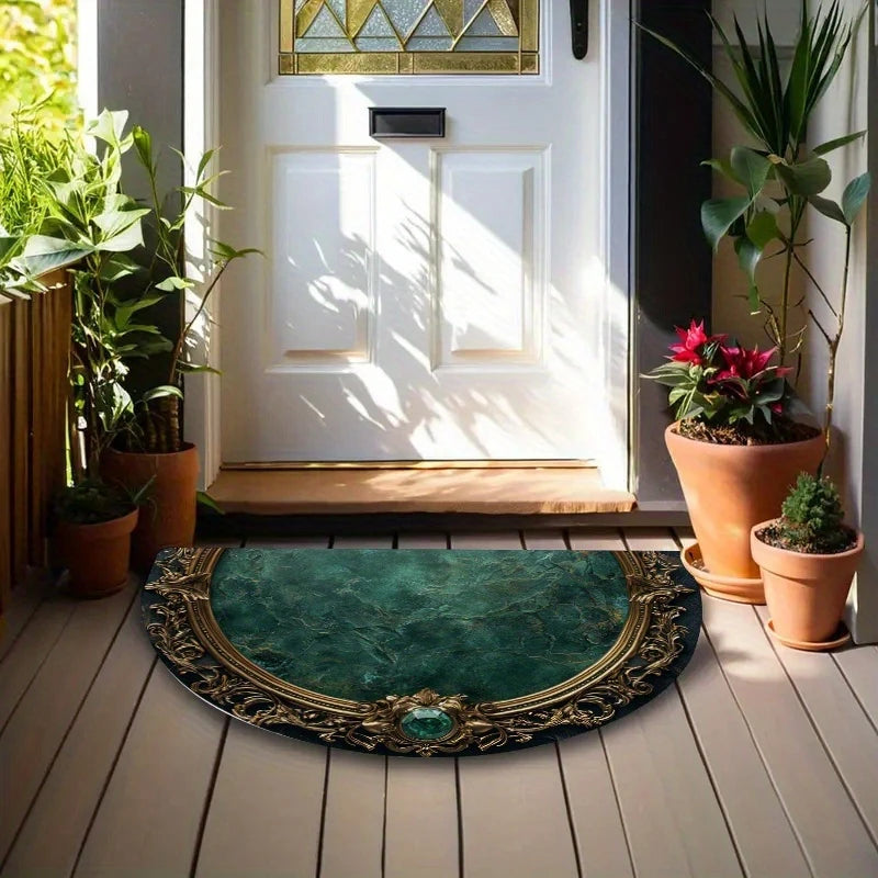 Luxury Semicircle Doormat – Gold Framed Green Marble Floor Mat