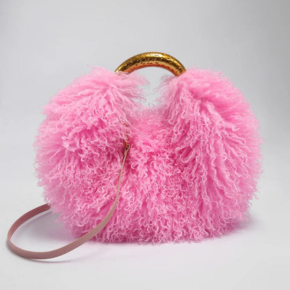 Faux Fur Shoulder Bag – Fluffy Round Handbag with Gold Handle