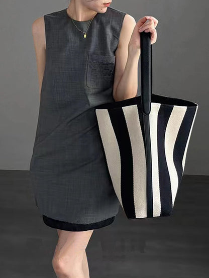Striped Canvas Bucket Commuter Tote Bag