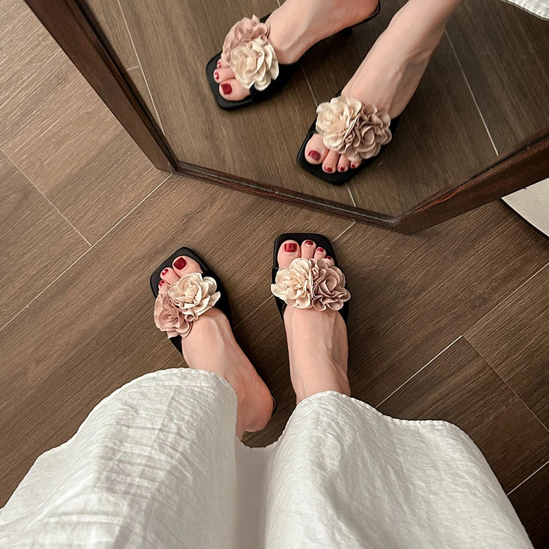 Floral Kitten Heel Slide Sandals – Women's Open Toe Mules