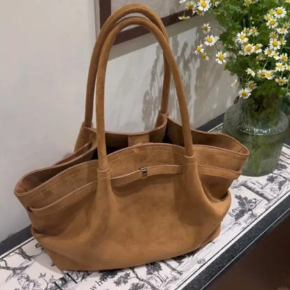 Retro Faux Suede Matte Tote Bag Women Ruffled Large Capacity
