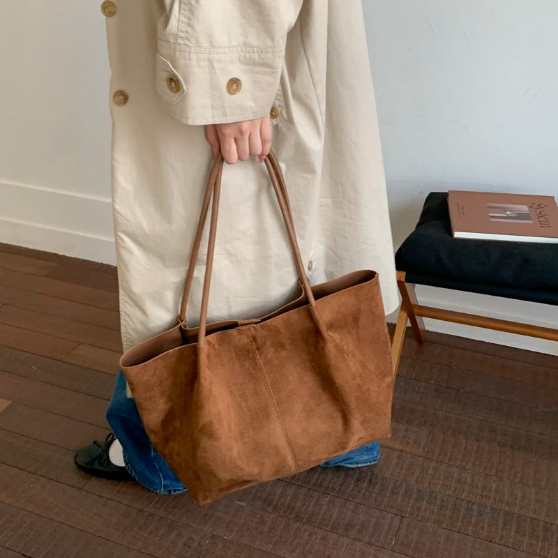 Faux Suede Large Tote Shoulder Bag for Women – Retro Soft Luxury