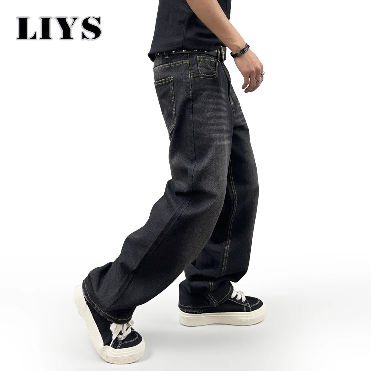 Baggy Straight Leg Jeans Men – Black Washed Retro Denim Pants