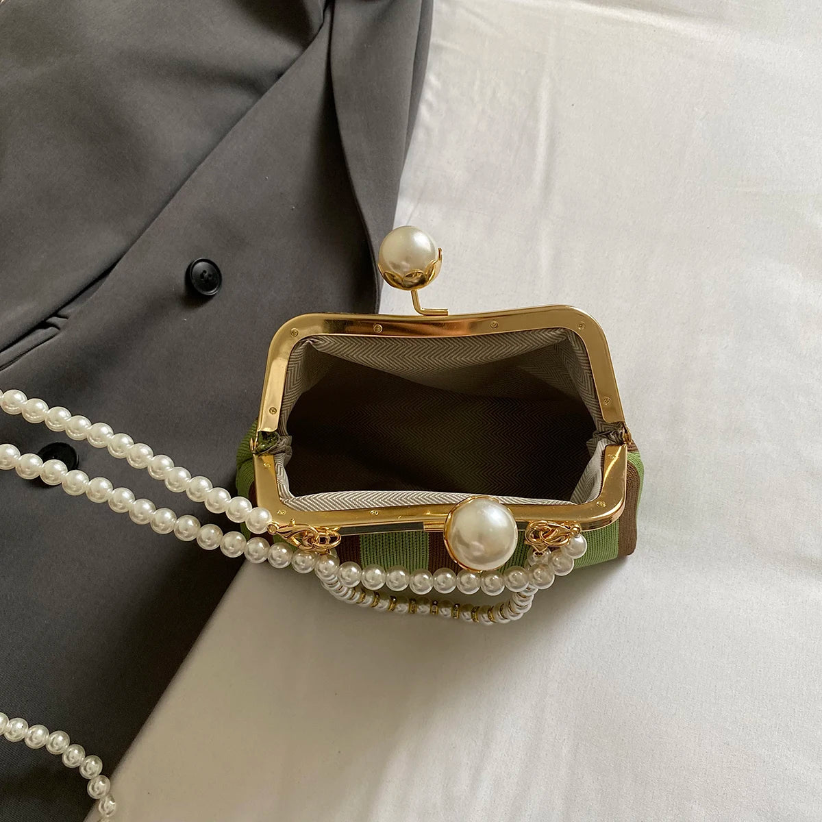 Pearl Chain Kisslock Handbag – Striped Fabric Evening Bag