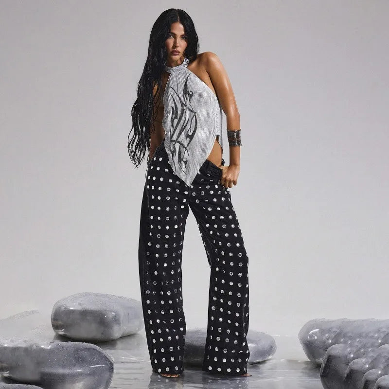 Mirror Rivet Baggy Straight-Leg Jeans – Y2K Mid-Waist Women's Trousers